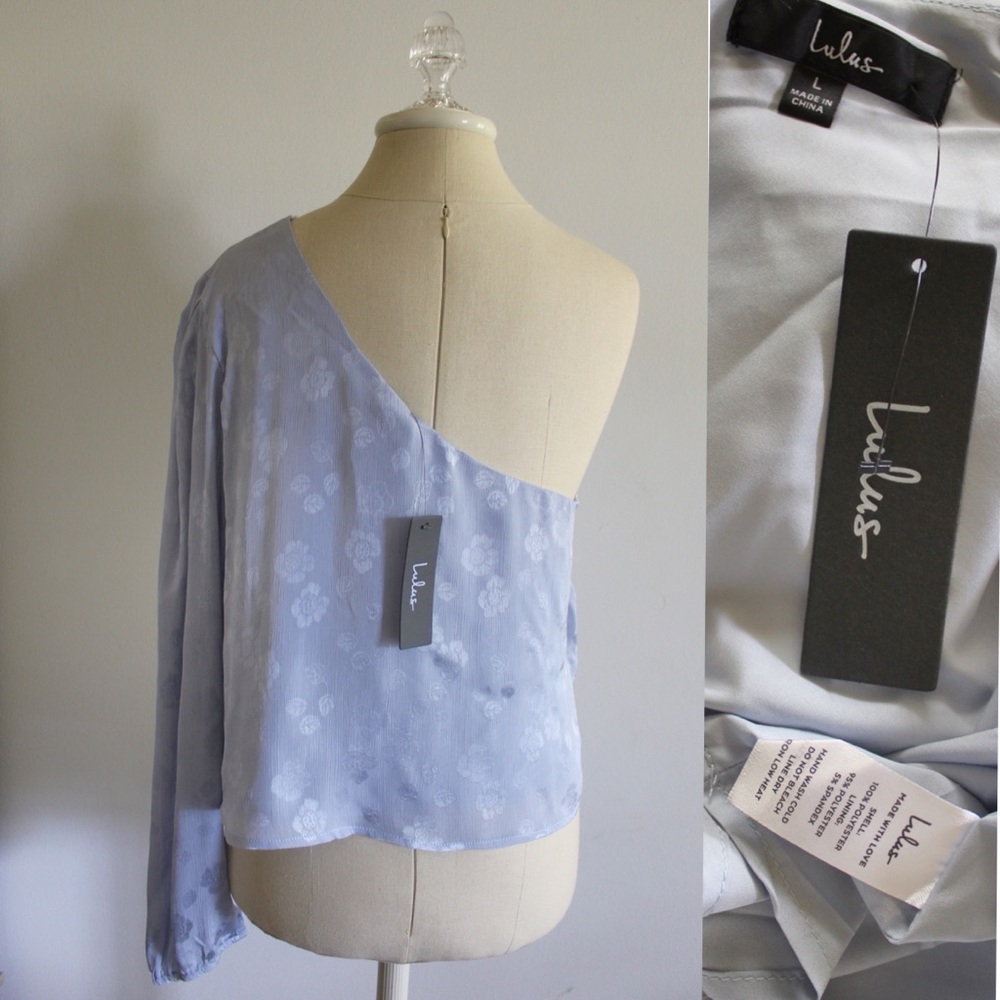 Lulus NWT Stay Lovely Dusty Blue Floral Jacquard Satin One-Shoulder Top Large - Picture 8 of 10